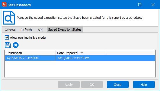 The Edit Report dialog box that is used to manage Saved States.  The Saved State tab is selected and lists the saved states for the report.